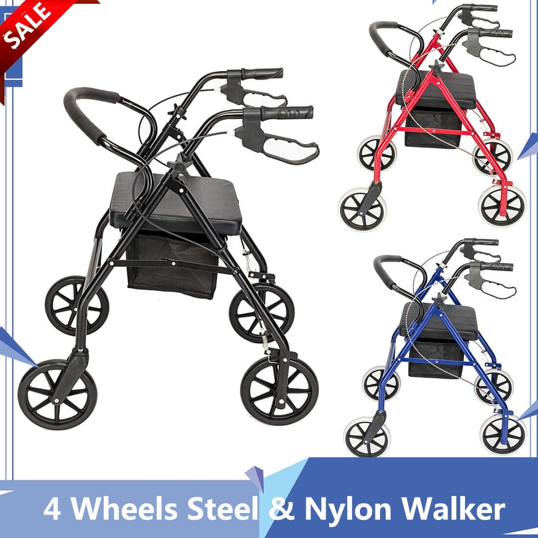 Aluminum Rollator Walker with 8 inches Wheels Wide Seat, Backrest and