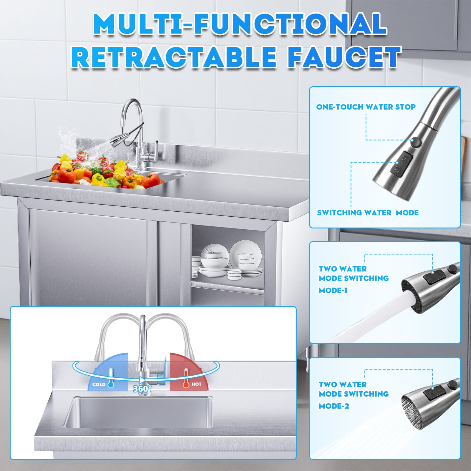 Gaonala 43.3in Outdoor Stainless Steel Utility Sink 2-Tier Cabinet Pull-out Faucet Workbench for Kitchen Office School