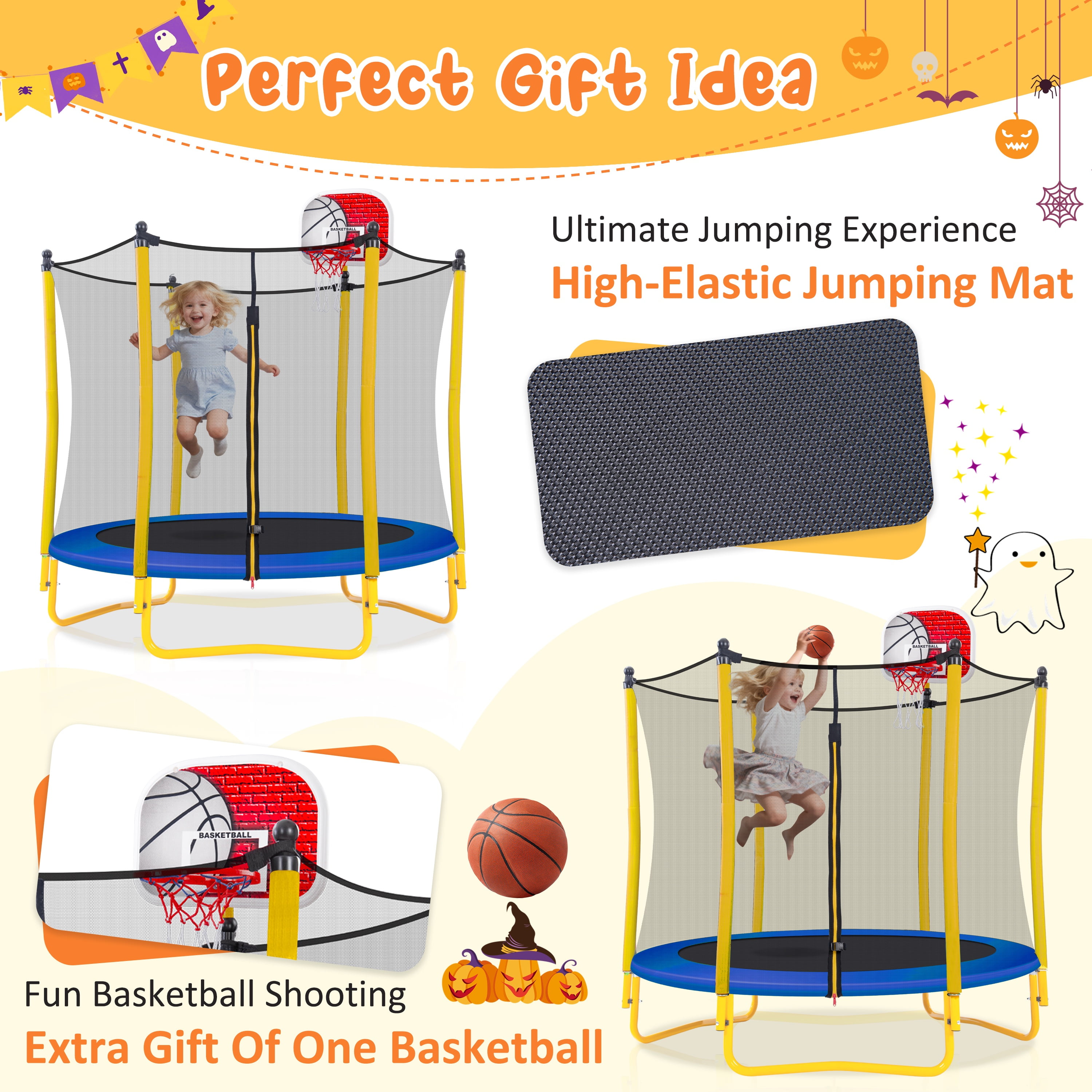 5.5FT Trampoline with Safety Enclosure for Kids, SEGMART Toddler Trampoline with Basketball Hoop, Kids Trampoline with Jumping Mat, Mini Trampoline, Indoor Trampoline, Gifts for Boys Girls, 220LBS