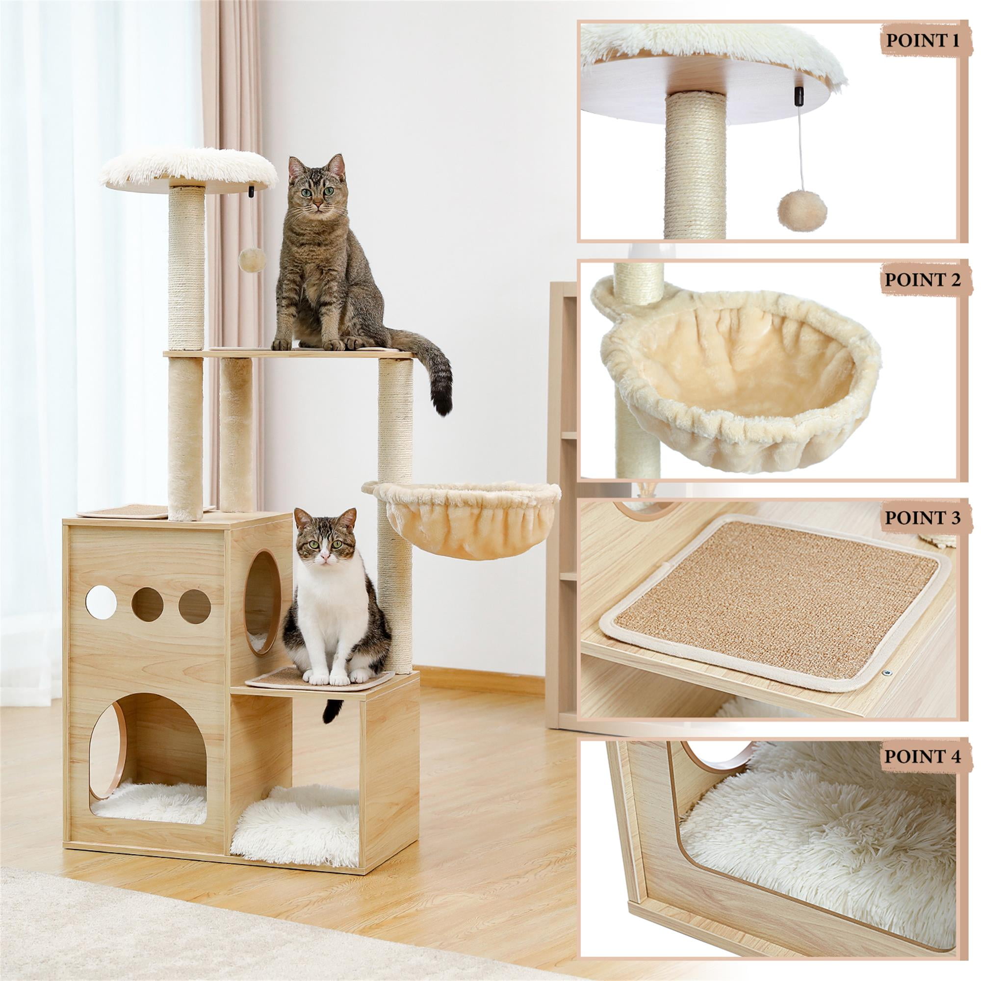 resenkos 51" Cat Tower for Large Cats Modern Wooden Cat Tree Multi-Level Cat Tree Tower Cat Sky Castle with Cozy Cat Condos, Beige