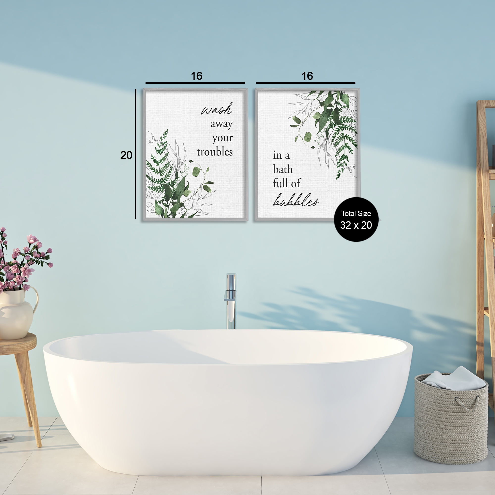 Bubble Bath with Forest Foliage 2 Piece Gray Framed Giclee Art Set, design by Lettered and Lined
