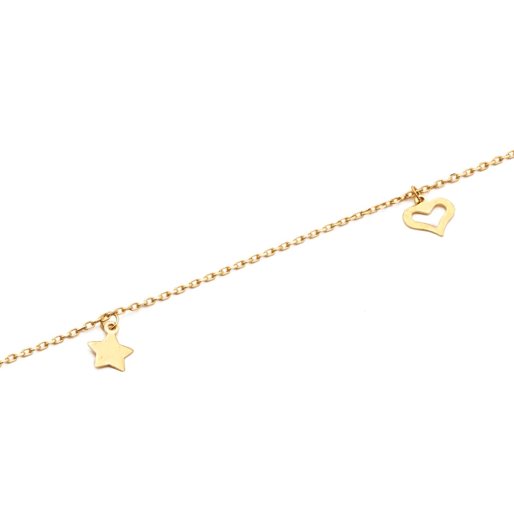 LOVEBLING 10K Yellow Gold .50mm Diamond Cut Rolo Chain with Star and Heart pendants Anklet Adjustable 9" to 10" (#26)