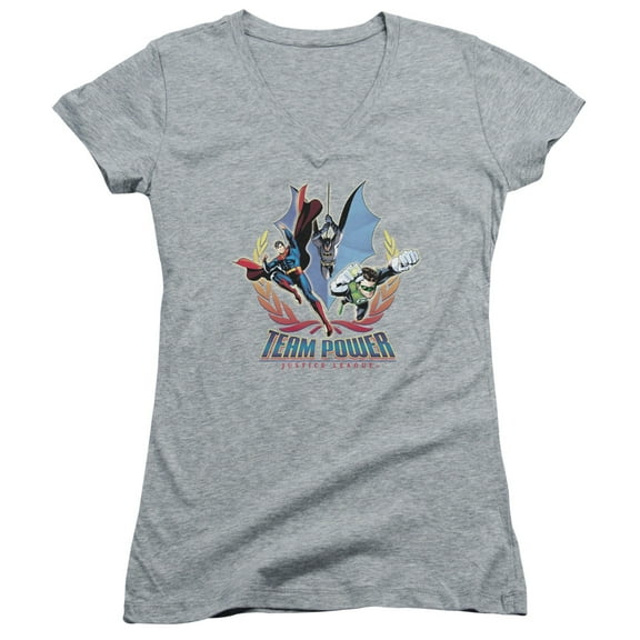 JLA Justice League Team Power Junior Women's T-Shirt V-Neck Athletic Heather