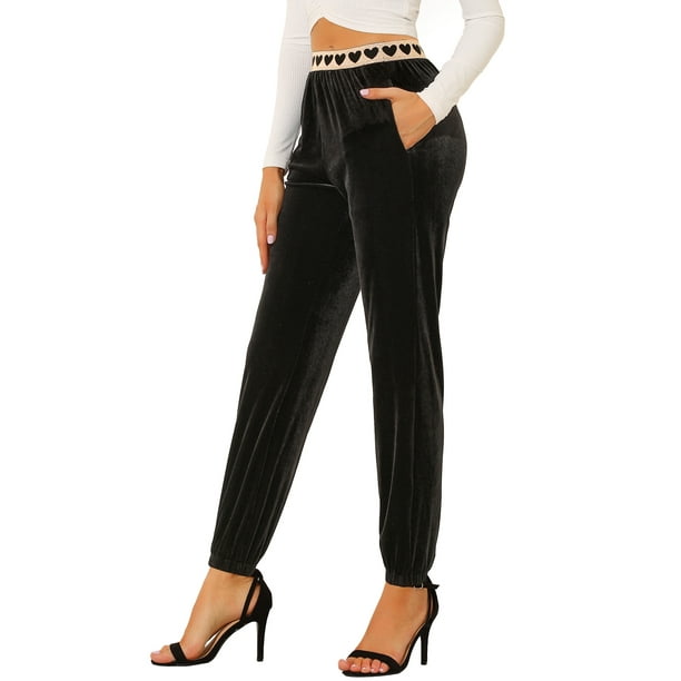 Pantalones Largos De Terciopelo Con Corazones De Cintura Elástica Alta Para Mujer Negro L