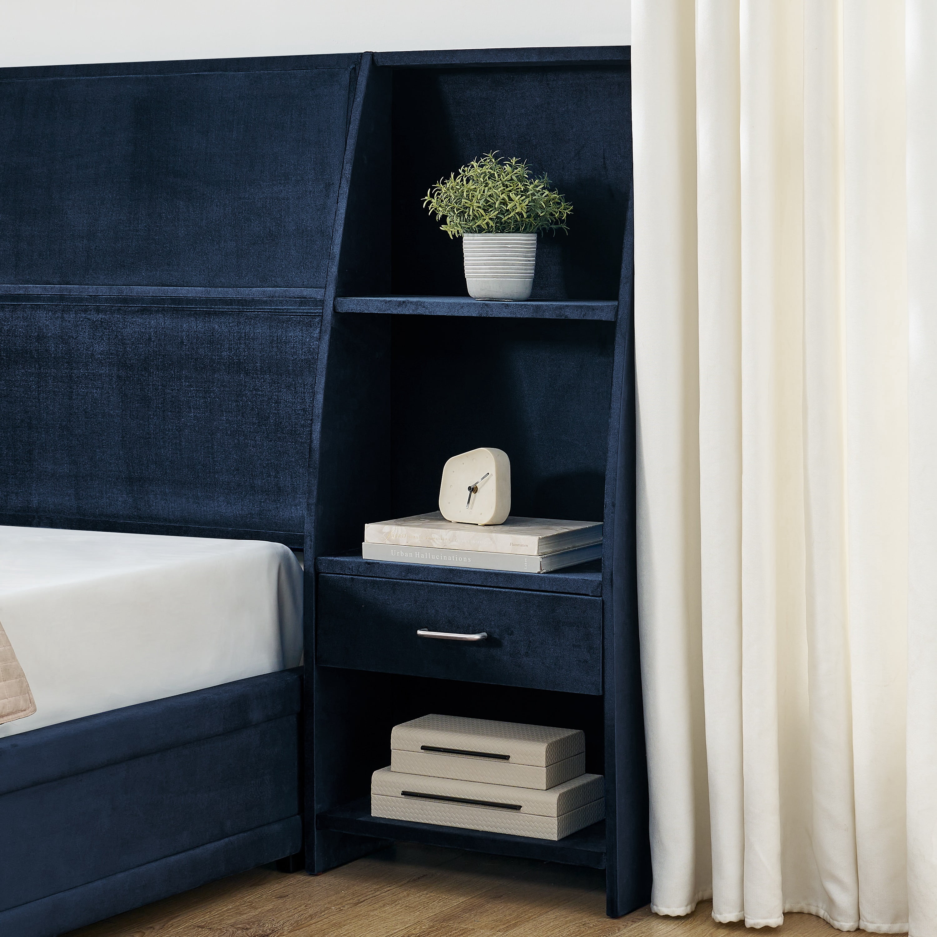 Howcool King Size Upholstered Platform Bed Frame with Storage Drawers,Glossy Velvet Headboard and Side Bookcases,Dark Blue