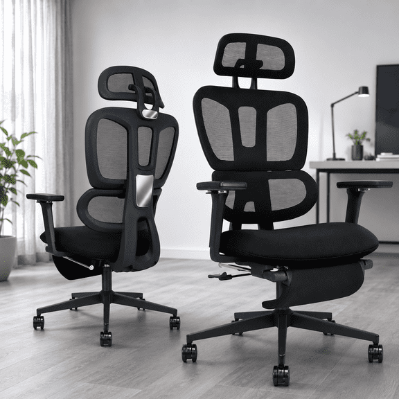 Ergonomic Office Chair with Footrest, High Back Mesh Desk Chair with Adjustable Headrest & Armrests, 90°-135° Reclining Computer Chair with Lumbar Support and Rocking Function, Black