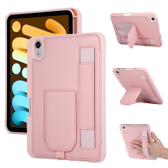 ELEHOLD Shockproof Case for iPad Mini 7th 6th Generation, Slim Leather TPU Protective Cover with Hand Strap Foldable Kickstand, Pink