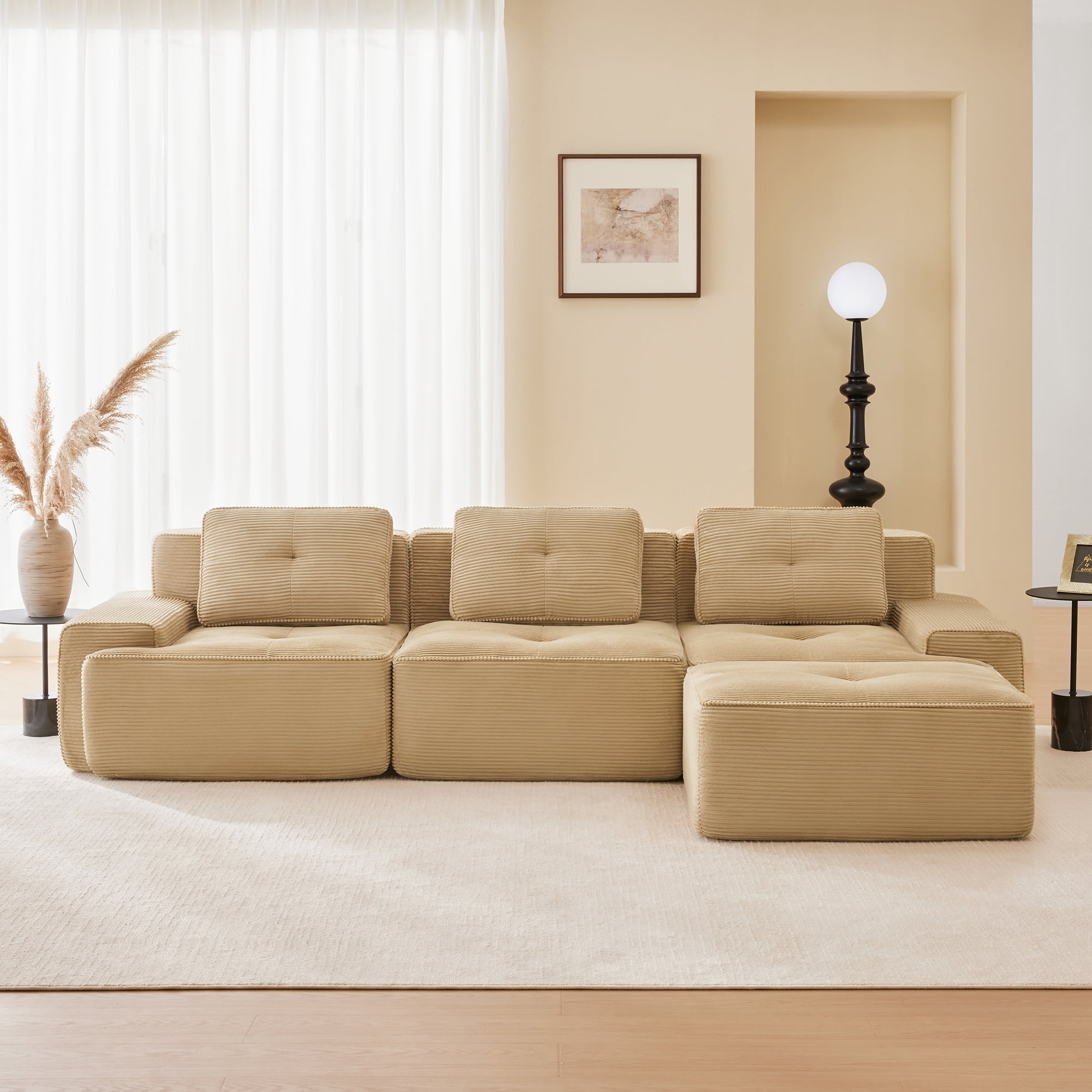 Yoneston 117" L-Shaped Modular Sectional Sofa 3 Seater Couch with Cushions and Ottoman, No Assembly Corduroy Sofa with Deep Seating for Living Room Bedroom Apartment, Camel