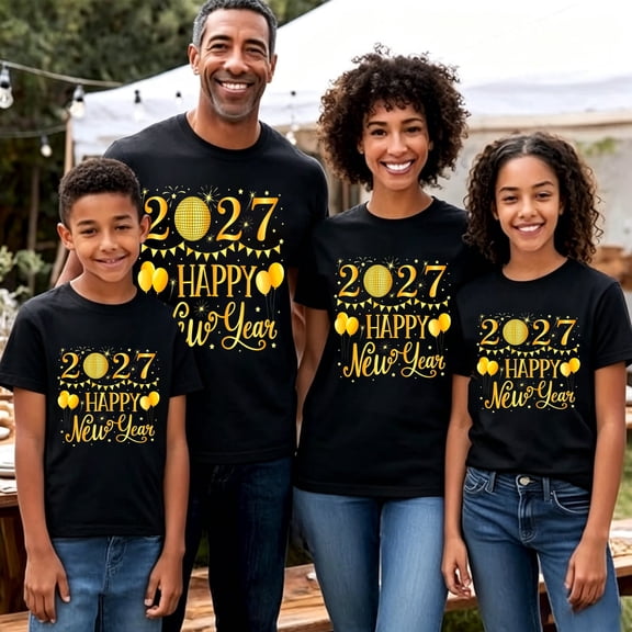 2027 Happy New Year Shirt Men's Black T-Shirt With Gold Glitter Design, Festive Party Tee For New Year Celebration, Casual Holiday Top For Men S