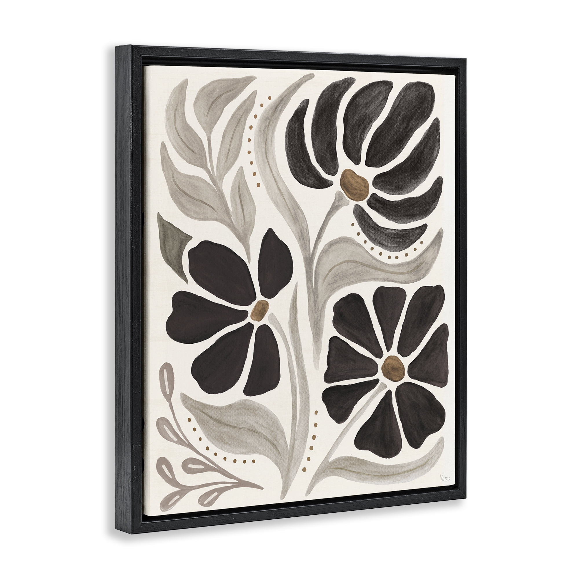 Stupell Industries Boho Curved Petals Botanical & Floral Painting Black Floater Framed Art Print Wall Art, 17 x 21