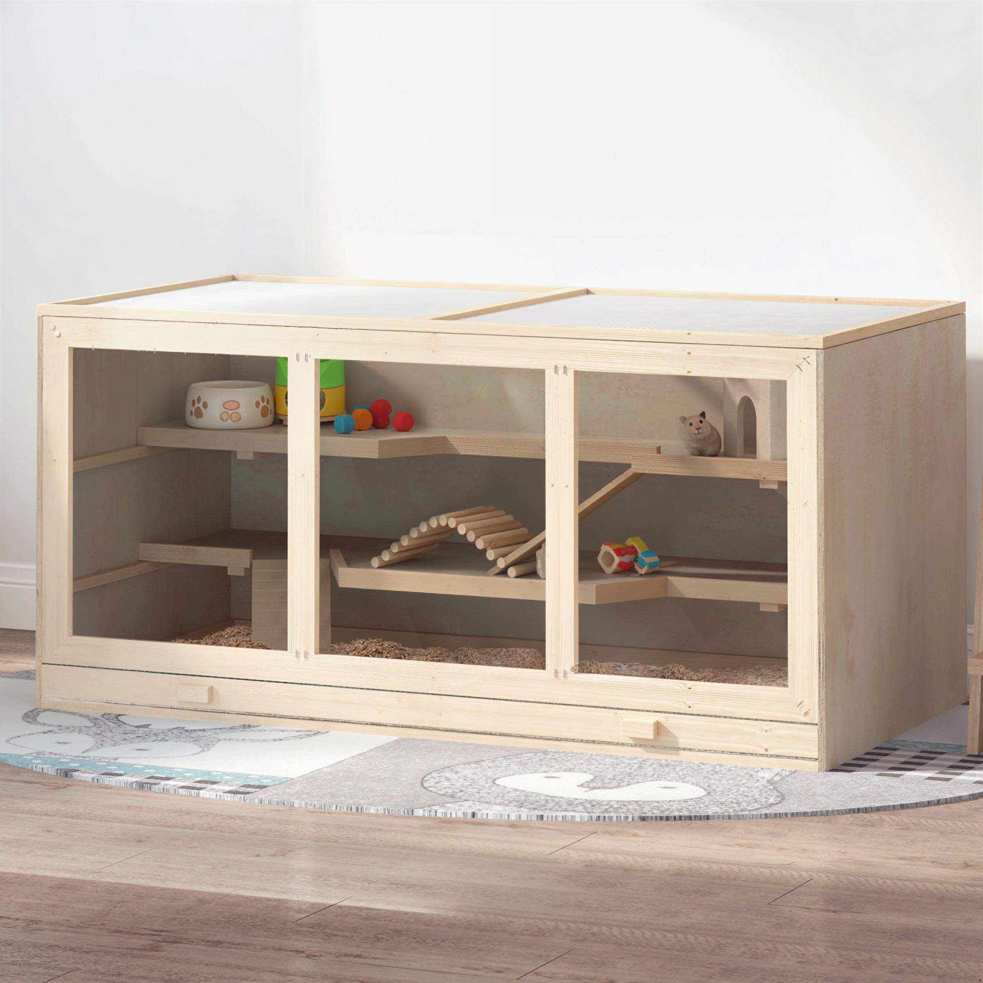 PawHut Wooden Hamster Cage Hutch and Exercise Play House Pen