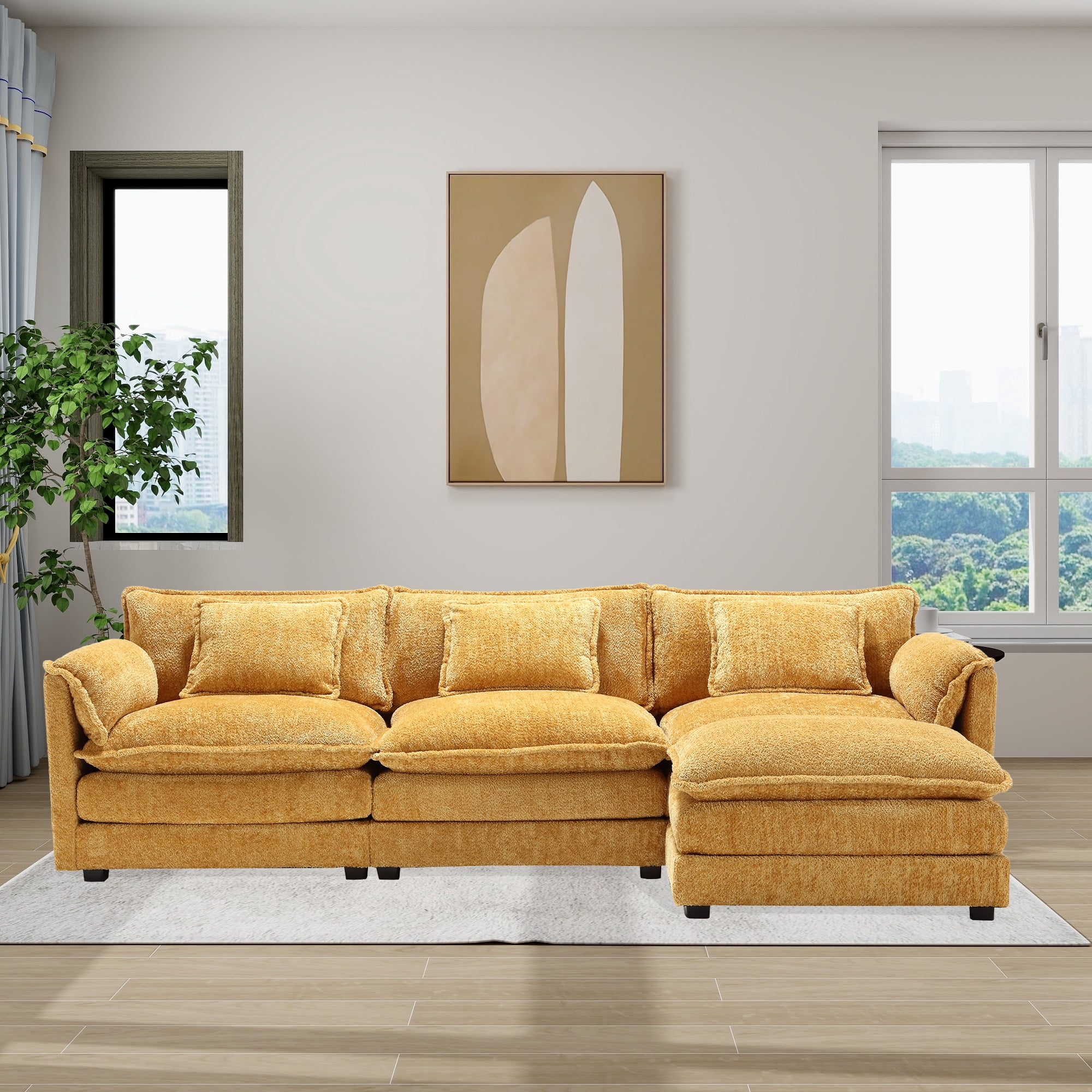 MOONMISS Modern Large Fabric L-Shaped Sofa Chenille Fabric, Movable Pedestal, Removable Armrests, Oversized 7-Seater Sofa