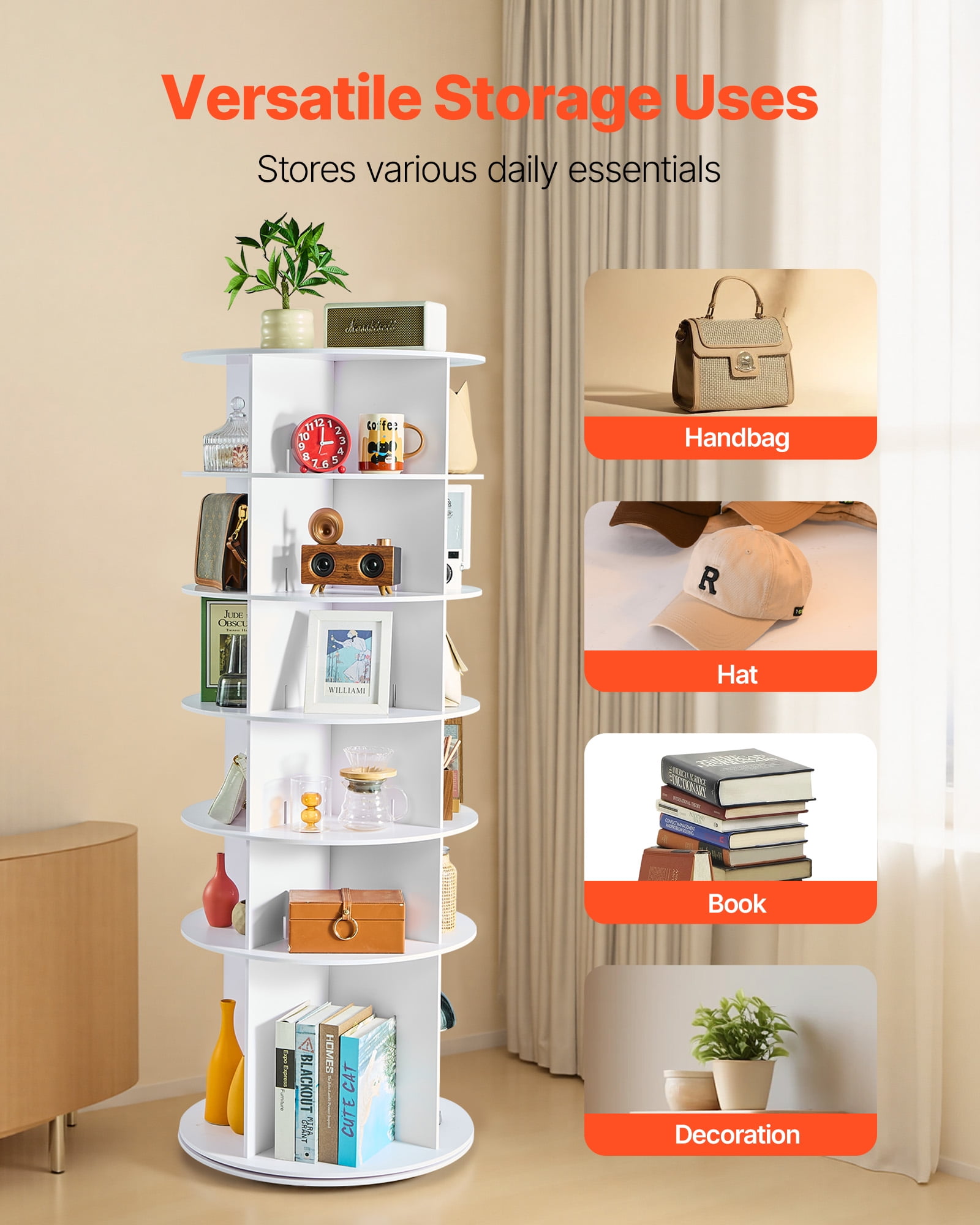 VEVOR 6 Tiers Rotating Shoe Rack Tower, 360° Spinning Shoe Rack, Revolving Storage Round Carousel Display, Freestanding Lazy Susan Organizer Display for Bedroom, Living Room, Entryway, Closet, White