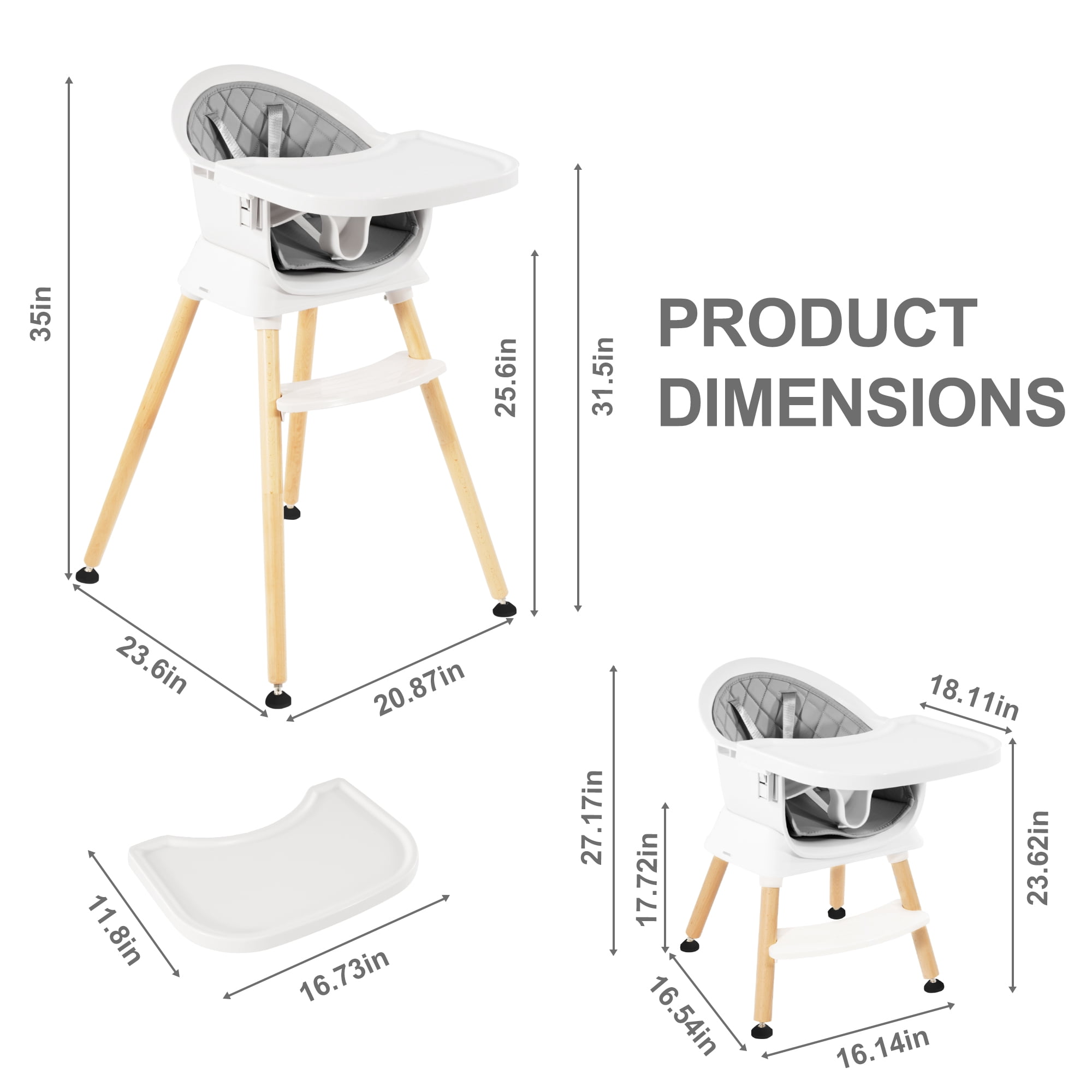 Signature Fitness Multi-Purpose Wooden High Chair，Modern Baby and Toddler Feeding Chair, Easy-to-Clean，with Adjustable Design