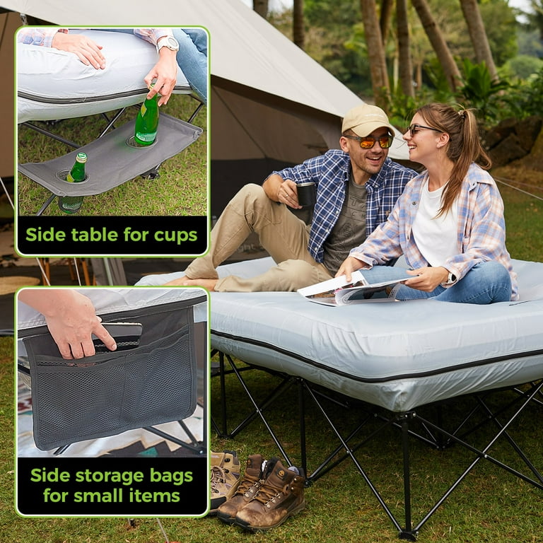 FUNDANGO 2 Person Camping Cot with Air Mattress Mat and Pump Combo Folding Camp Bed with Side Table Support 529lbs FUNDANGO 2 Person Camping Cot with Air Mattress Mat and Pump Combo Folding Camp Bed with Side Table Support 529lbs