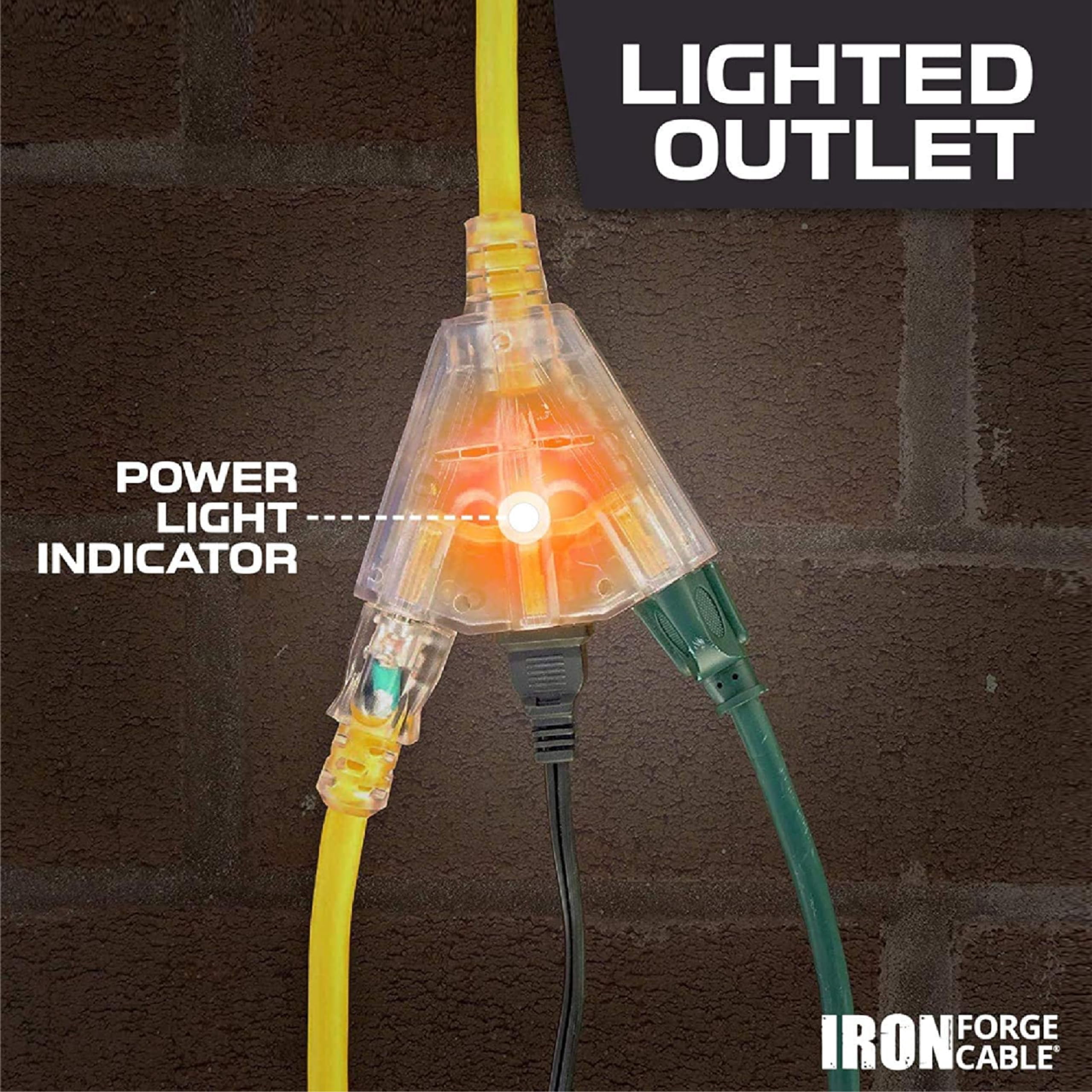 Iron Forge Cable 25ft Yellow Outdoor Extension Cord with 3 Outlets - 14/3 SJTW 15 Amp 25ft Extension Cord 3 Prong - Multiple Outlets with Lighted End