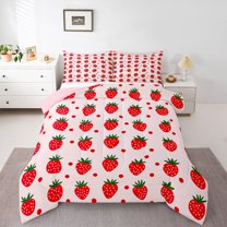 Homewish Sweet Cartoon Strawberry Bedding Comforter Set,Polka Dots Twin Comforter Sets,Pink Red Bedding Set For Princess,Microfiber Bedroom Decor Reversible,2 Pieces