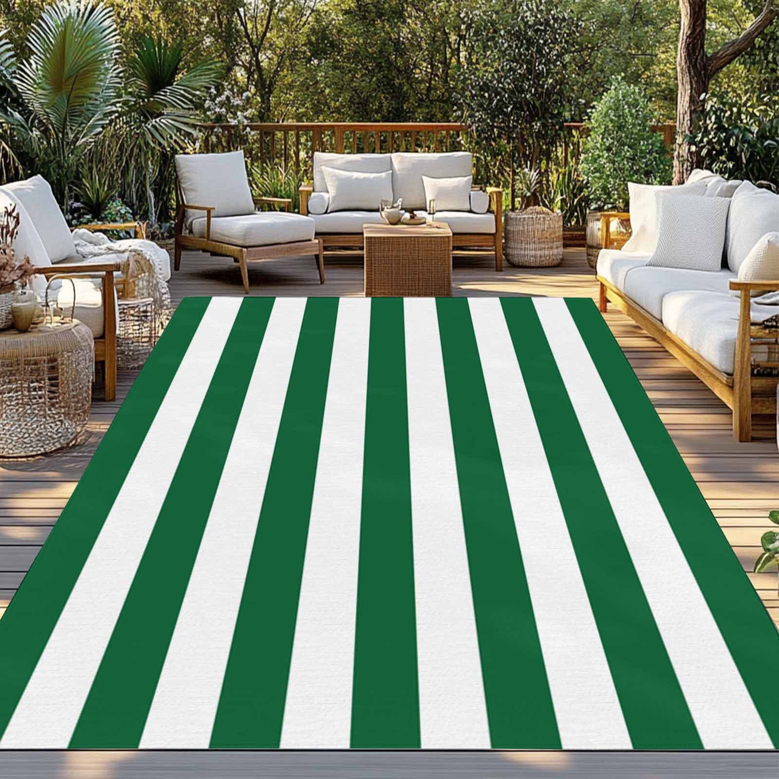 Outdoor Rug 4x6 ft Green White Striped Waterproof Outdoor Patio Rug Mat Non Slip Outside Area Rugs Carpet for RV,Camping,Porch,Deck,Pool,Balconybackyard,Minimalist Christmas
