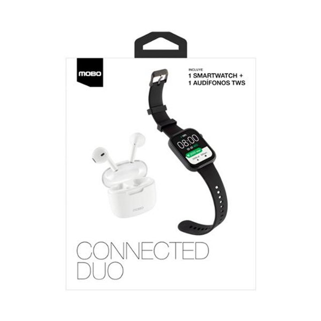 paquete de smartwatch y audífonos inalámbricos mobo Connected duo: smartwatch con correa negra y pantalla digital frontal junto a audífonos true wireless blancos en estuche de carga; vista frontal sobre fondo blanco, permite contestar llamadas desde el reloj con altavoz y micrófono integrados y es adecuado para uso diario y viajes.