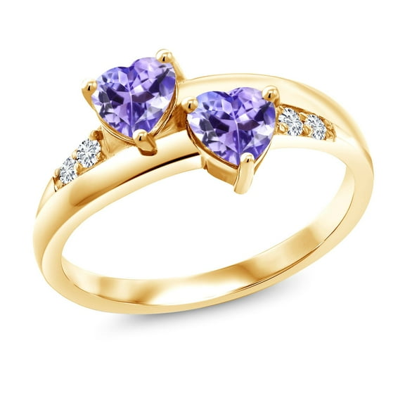Gem Stone King 1.08 Ct Heart Shape Blue Tanzanite 18K Yellow Gold Plated Silver Lab Grown Diamond Ring (Size 9)