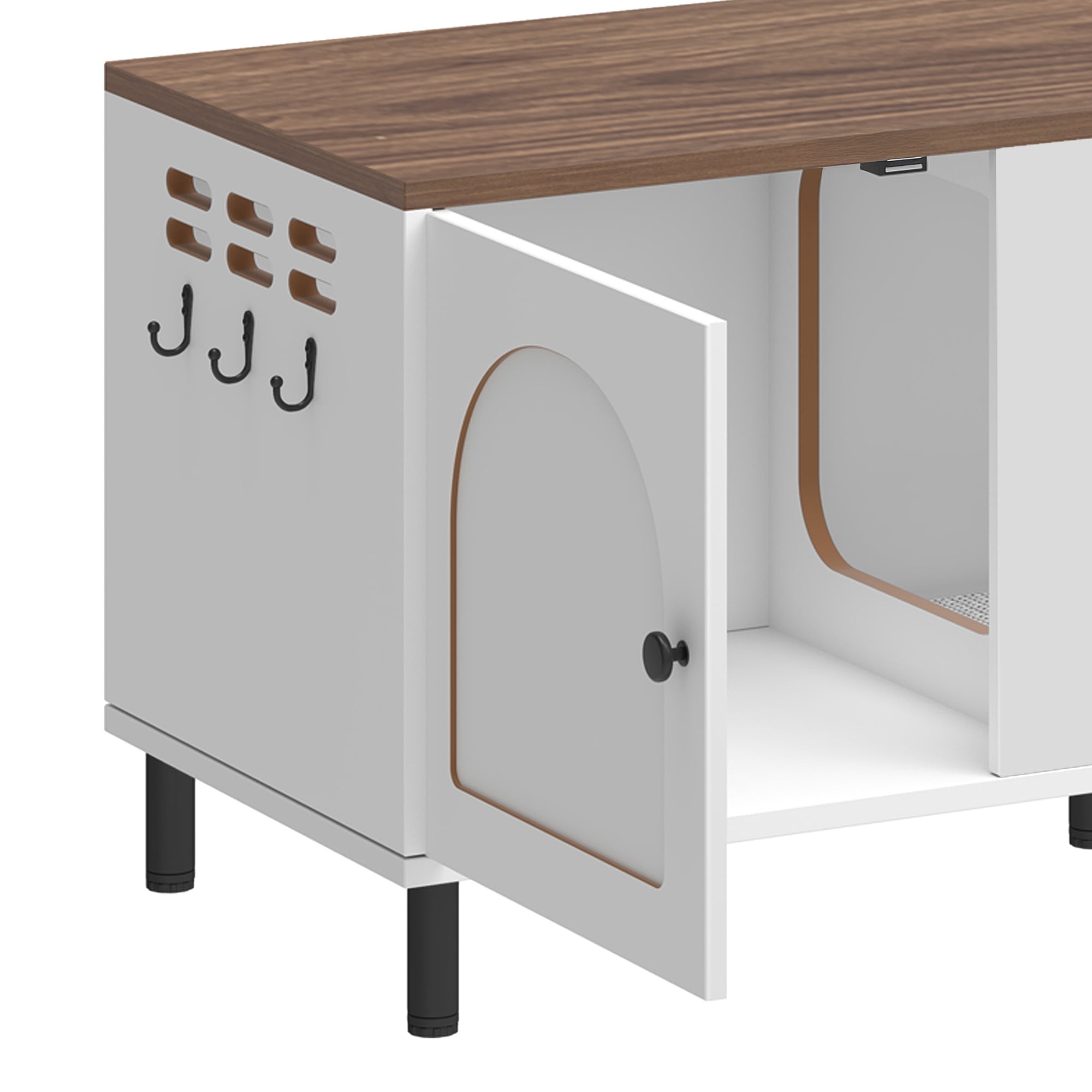 ModFusion 59" Modern Cat Litter Box Enclosure TV Stand – Multi-Functional Cat Furniture with Hidden Litter Box, Storage Hooks & Pet Bed, White & Walnut