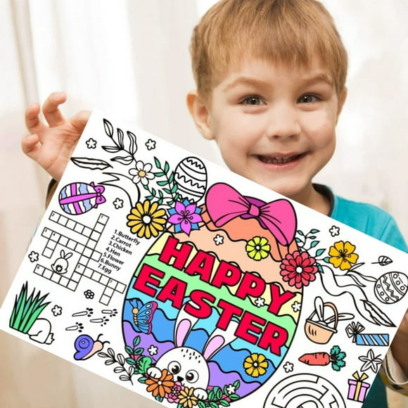 EGNMCR Easter Decorations, Easter Ornaments Easter Bunnies Eggs Chick Basket Kids Paper Placemats Holiday Decoration Supplies Disposable Doodle Paper Table Mats Paper disposable placemats
