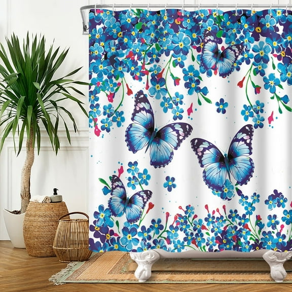 SUNOLIFE Blue Butterfly Shower Curtain Floral Waterproof Fabric Bathroom Curtain 72x72 in