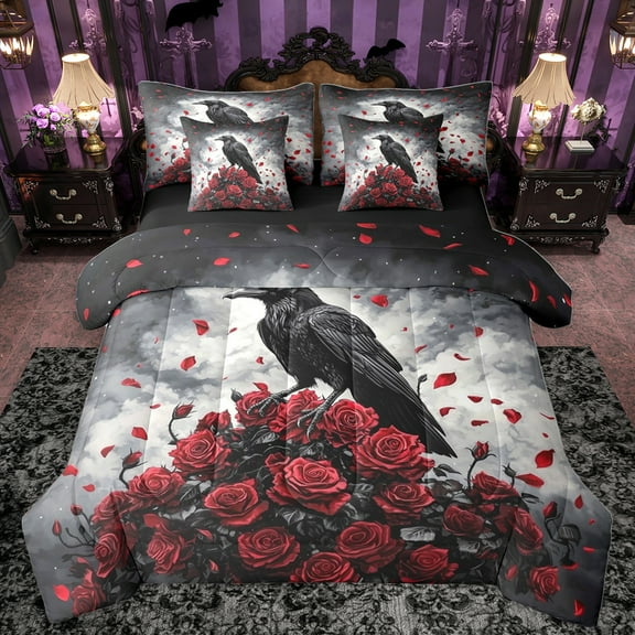 Homewish Romantic Valentine Rose 7-Piece Twin Bedding Sets,Wild Crown Raven Bedding Comforter Set,Red Flower Floral Sheet Sets For Girls Kids,Breathable Home Decor Reversible
