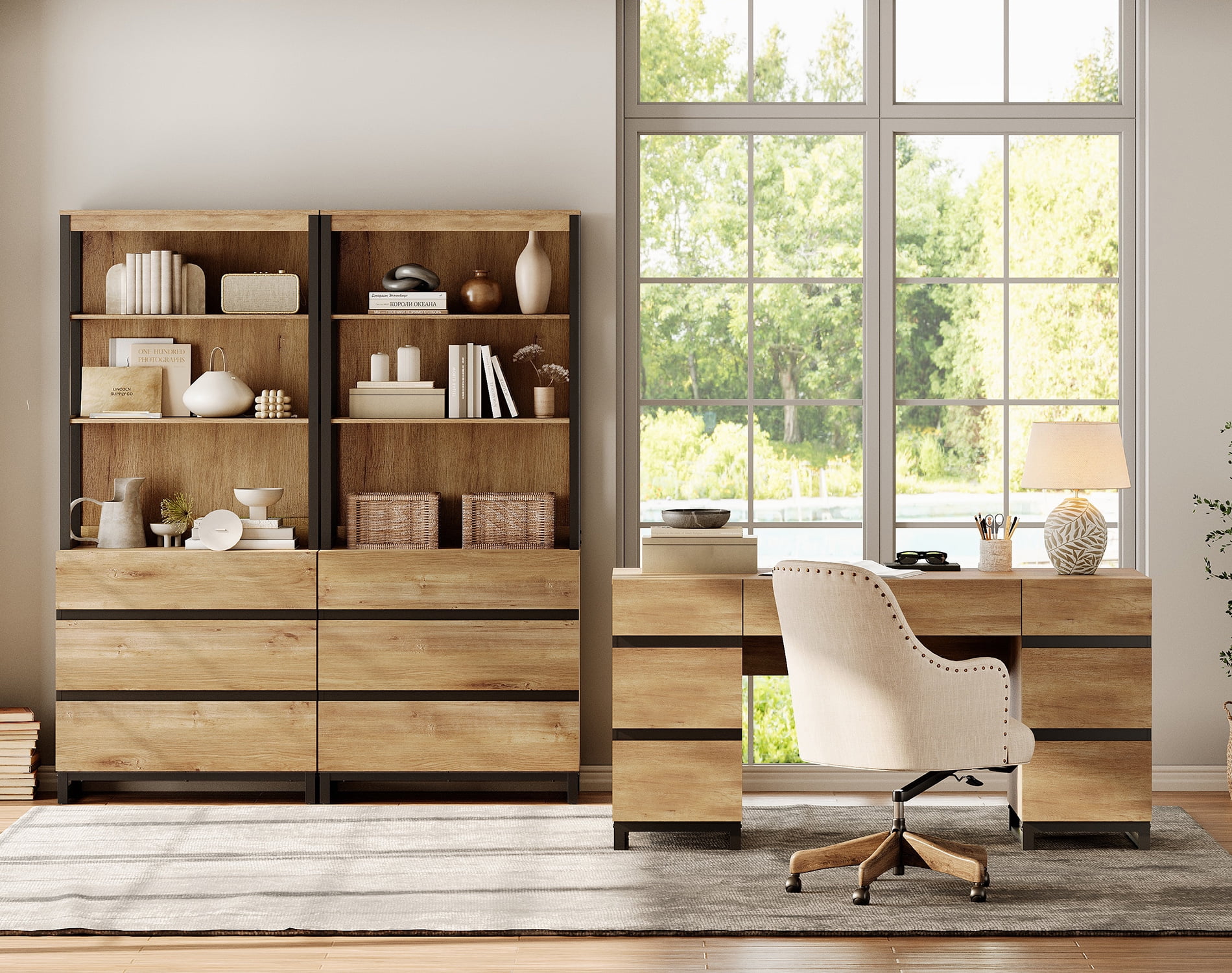 WAMPAT Home Office Furniture Set: 59in Modern Executive Desk with Charging Station and Drawers and 2 PCS 72in Tall Bookcases with 6 Drawers, Home Office Furniture for Living Room, Bedroom, Oak