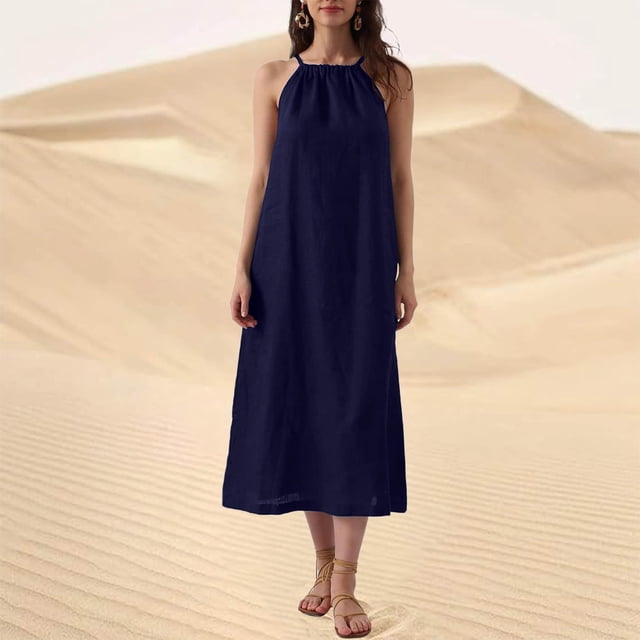 Robe Sans Manches pour Femmes, Texture Coton Lin Col Licou, Coupe Ample Décontractée Robe d'Été, Douce et Respirante
