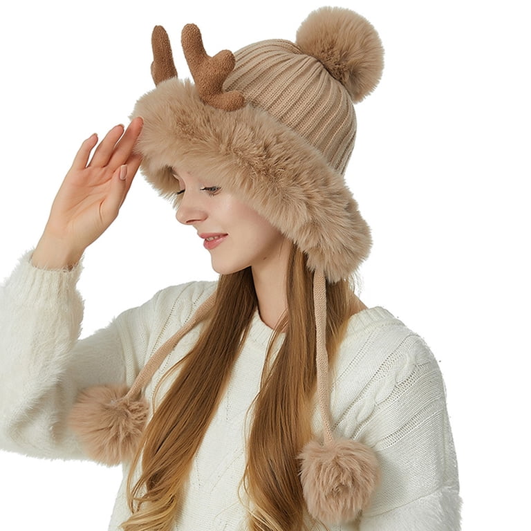 Women\'s Khaki Furry Beanie with Pom Pom Winter Warm Knitted Hat Bear Costume Only Moment Womens Winter Knit Slouchy Beanie Hat Khaki  main image 2