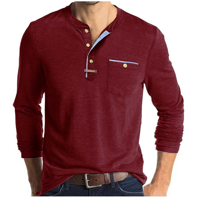 Chbgutlmr Shirts for Men V Neck Button Long Sleeve Comfy Solid Color Fall Casual Work Shirts Tops Pockets