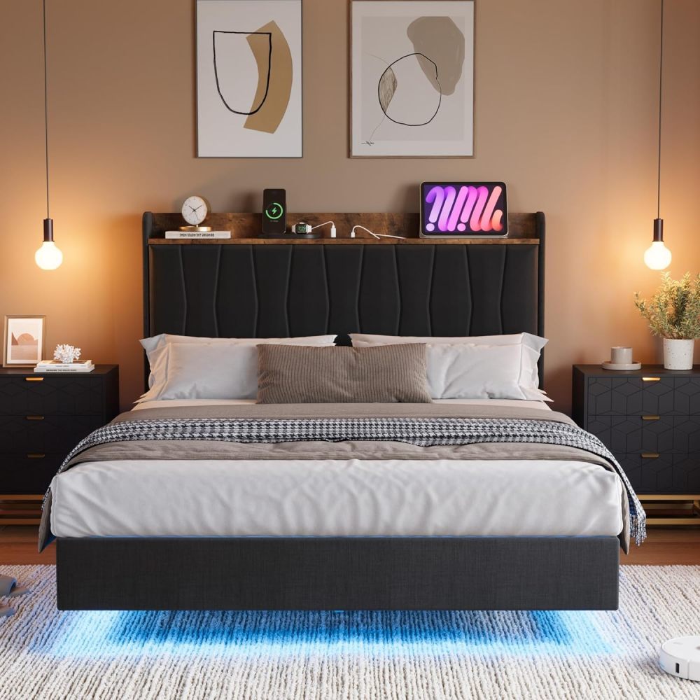 Eastvita Full/Queen/King Size Bed Frame, Floating Platform Bed with Headboard, LED Lights, Charging Ports, Modern Upholstered Bed Frame with Sturdy Wood Slats, No Box Spring Needed, Easy Assembly