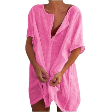 Womens Plus Size Linen Dress Beach Cover Up Button Down Shirt Mini Dresses Loose Bathing Suit Swimwear Coverups (XX-Large, Pink)