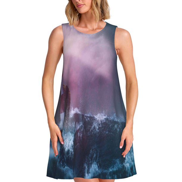 Balery lighthouse Waves Torrential Rain Vestidos de verano para mujer con estampado: vestido holgado sin mangas, vestido playero informal y cómodo para días calurosos.