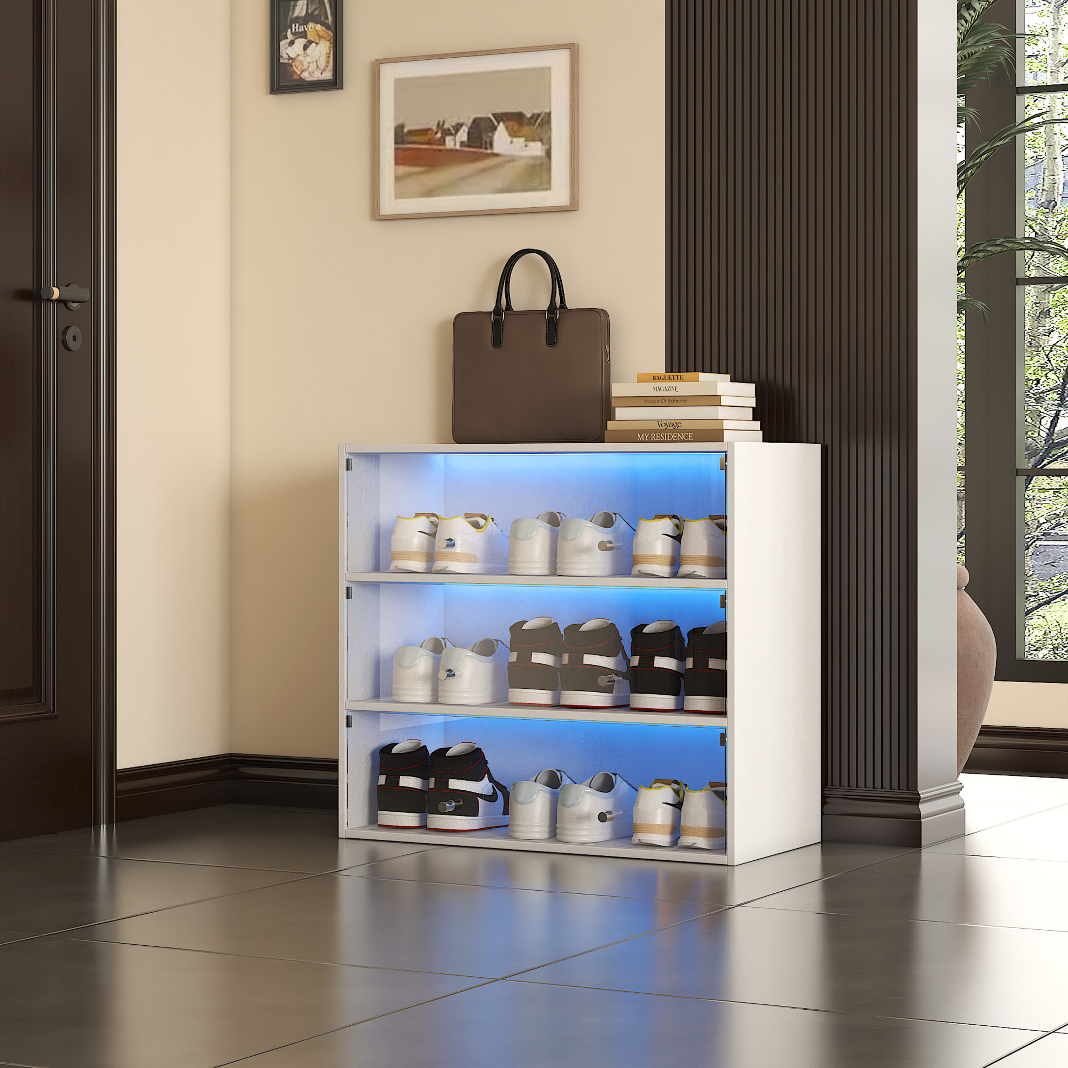 Noble House Kael 31.3" Glass-Door Shoe Storage Cabinet, RGB LED Display, Sliding Doors, Stackable Design, White