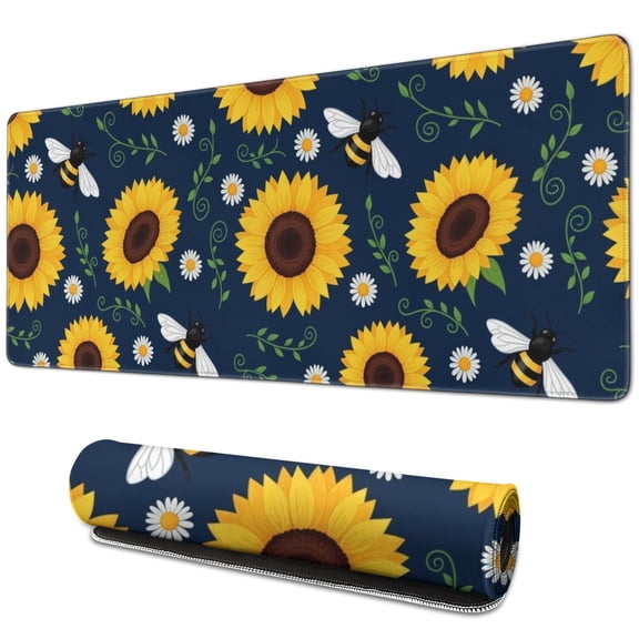 Long Mouse Pads for Desk,DarkBlue Sunflower Bee Pattern Desk Mats on Top Of Desks, Desk Mouse Pad Extra Large with 3mm Non-Slip Base and Stitched Edge for Gaming,Office,Work,Home 31.5"x11.8"