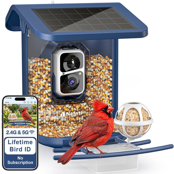 Nafnti Bird Feeder with Camera, Lifetime Free AI Bird Recognition, 2K Camera Bird Feeder with Solar Powered, 5GHz/2.4GHz, IP65 Waterproof