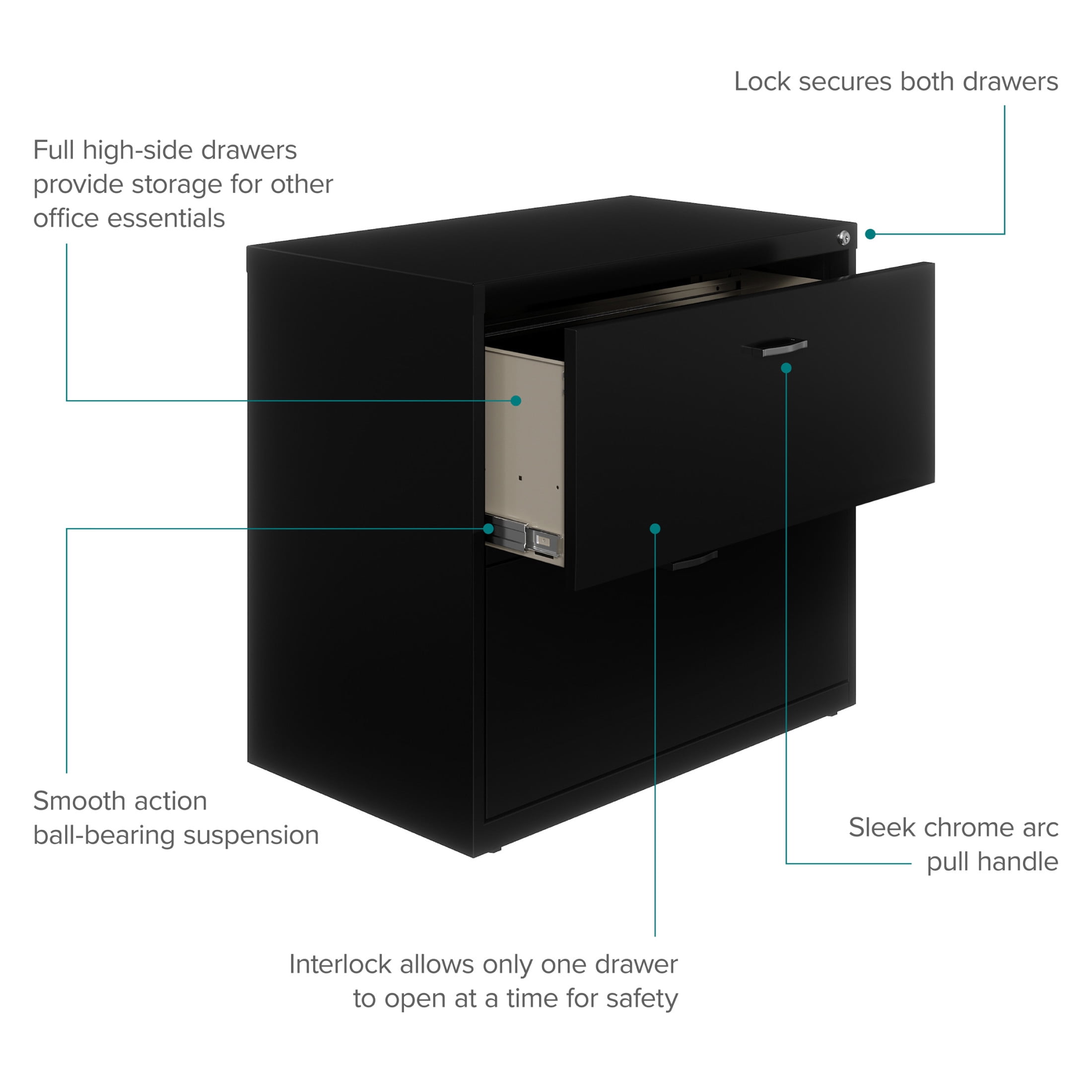Space Solutions 30 inch Wide 2 Drawer Lateral File Cabinet for Home or Office, Black