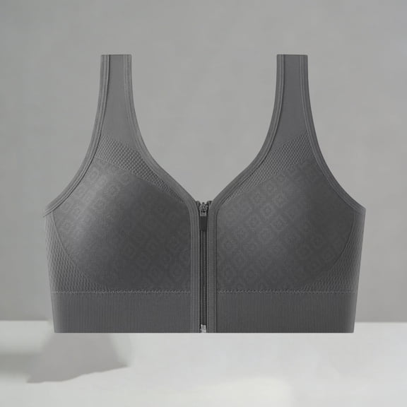 Women's Front Zip Comfortable Support Bra, Wide Strap Wireless Seamless Sports Brassiere Dark Gray One Size
