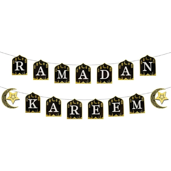 Bannière Ramadan Kareem Eid Mubarak Décoration Suspendue Pas Besoin de Bricolage, pour Fournitures de Fête Eid Al-Fitr, Maison, Arbre, Cheminée et Décoration Murale