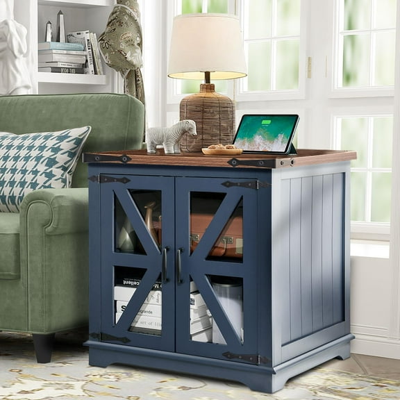 Farmhouse End Table, 24" Large End Tables with Storage, Rustic Square Sofa Beside Table with Glass Barn Door, Wood Side Table Square Nightstand for Living Room, Bedroom, Office (Blue)