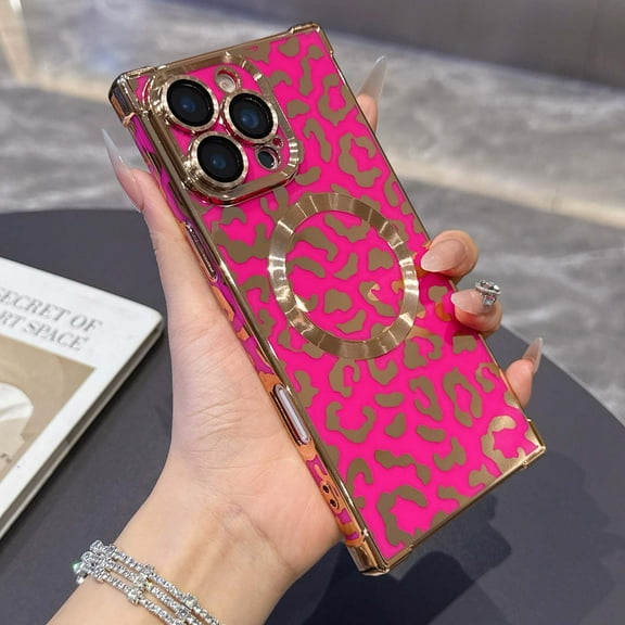 Magnetic Phone Case For iPhone 16 Pro Max,Compatible with Mag-Safe,Luxury Leopard Print Pattern Design,With Lens Film,Shockproof Protection Anti-fall Electroplated Rugged Phone Case,Rose