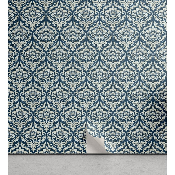 Ambesonne Damask Peel & Stick Wallpaper for Home, Blue Floral Pattern, 13"x72", Blue White