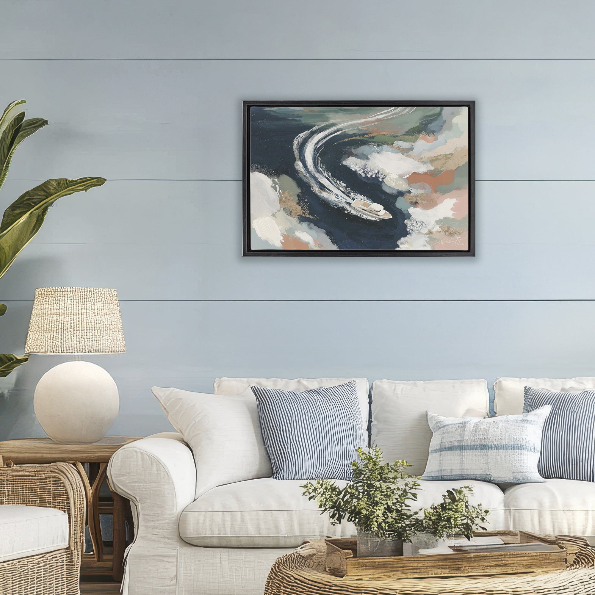 Stupell Industries Boat Wake From Above Black Framed Floater Canvas Wall Art, design by Chromatic Storm Studio