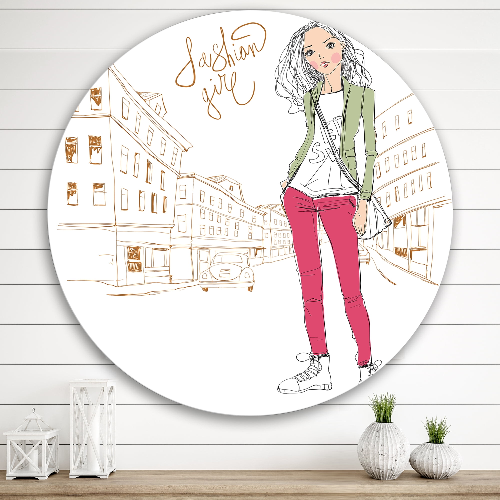 Designart 'Trendy Fashion Woman II' Children's Art Circle Metal Wall Art 36x36 - Disc of 36