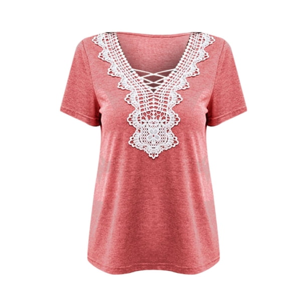 Gibobby Playera de Manga Corta con Cuello Redondo Camiseta suelta casual verano Cuello redondo encaje hueco Top casual(Rojo,XL)