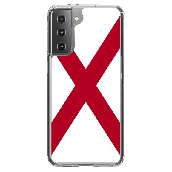 DistinctInk Clear Shockproof Hybrid Case for Galaxy S21 5G (6.2" Screen) - TPU Bumper, Acrylic Back, Tempered Glass Screen Protector - Alabama State Flag - US State Flag