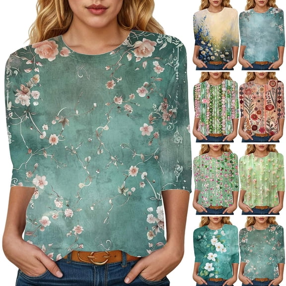 Towmus Womens Summer Tops 3/4 Sleeves Floral Print Dressy Blouses Crew Neck Casual Tunic Tops Summer Shirts