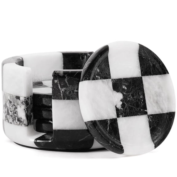 Elborse Marble Coaster Set of 4 Black & White 3.5" inches Natural Round Stone Drink Coasters Set with Holder & Lid for Dining Tabletop & Living Room Décor